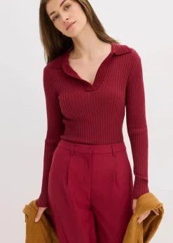 bonprix Pullover & Strickjacken|Strickmode^Feinstrickpullover mit schmückendem Kragen pflaumenrot