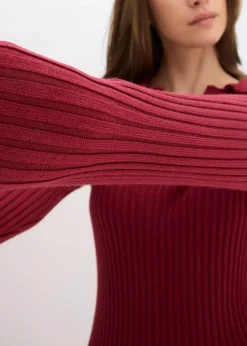 bonprix Pullover & Strickjacken|Strickmode^Feinstrickpullover mit schmückendem Kragen pflaumenrot