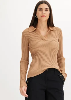 bonprix Pullover & Strickjacken|Strickmode^Feinstrickpullover mit schmückendem Kragen camel