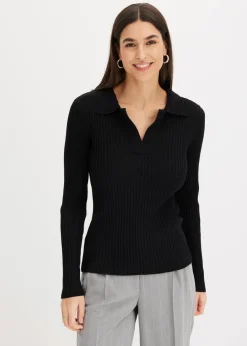 bonprix Pullover & Strickjacken|Strickmode^Feinstrickpullover mit schmückendem Kragen schwarz