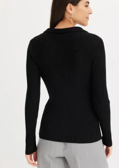 bonprix Pullover & Strickjacken|Strickmode^Feinstrickpullover mit schmückendem Kragen schwarz