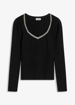 bonprix Pullover & Strickjacken|Strickmode^Feinstrickpullover mit Schmuck-Detail schwarz