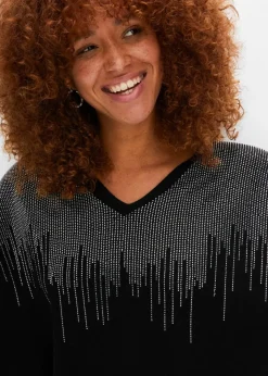 bonprix Pullover & Strickjacken|Nachhaltigere Materialien^Feinstrickpullover mit Strass-Applikation schwarz