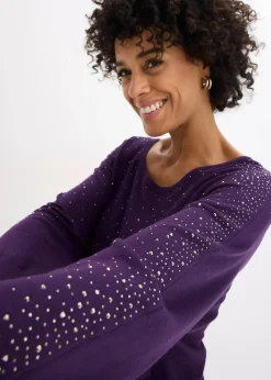 bonprix Bekleidung·Umstandsmode|Strickmode^Feinstrickpullover mit Strass-Applikation dunkellila