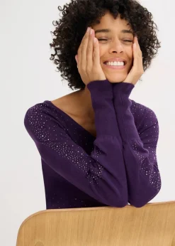 bonprix Bekleidung·Umstandsmode|Strickmode^Feinstrickpullover mit Strass-Applikation dunkellila