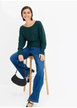 bonprix Bekleidung·Umstandsmode|Strickmode^Feinstrickpullover mit Strass-Applikation tiefgrün