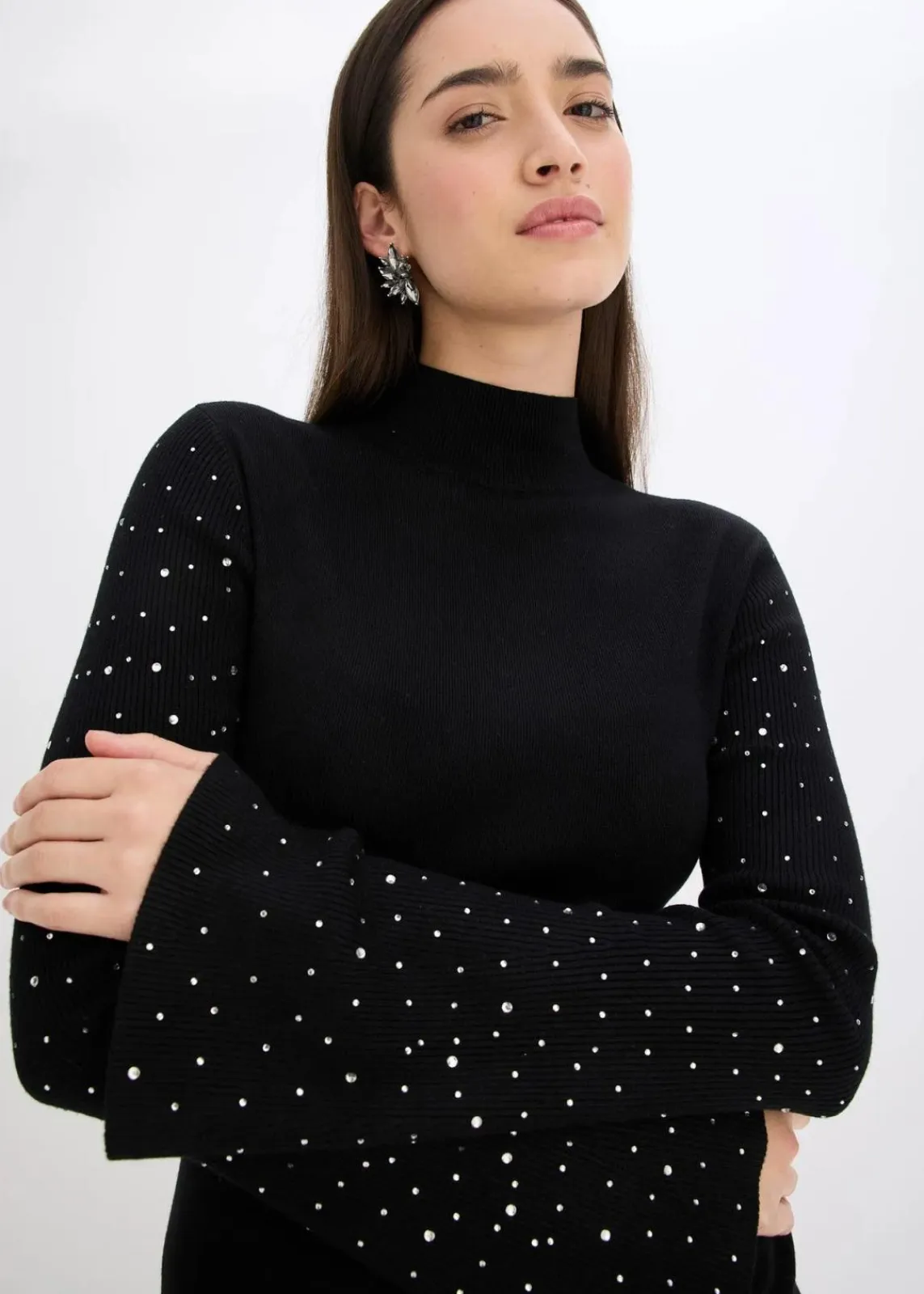 bonprix Bekleidung·Umstandsmode|Bekleidung·Jeans^Feinstrickpullover mit verzierten Trompetenärmeln schwarz
