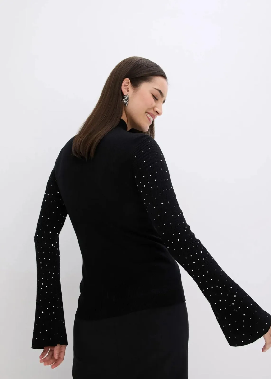 bonprix Bekleidung·Umstandsmode|Bekleidung·Jeans^Feinstrickpullover mit verzierten Trompetenärmeln schwarz