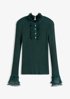 bonprix Shirts & Tops|Nachhaltigere Materialien^Feinstrick-Shirt mit Chiffon-Volants tiefgrün