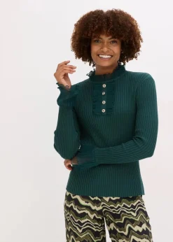 bonprix Shirts & Tops|Nachhaltigere Materialien^Feinstrick-Shirt mit Chiffon-Volants tiefgrün