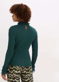 bonprix Shirts & Tops|Nachhaltigere Materialien^Feinstrick-Shirt mit Chiffon-Volants tiefgrün