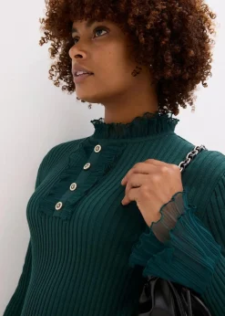 bonprix Shirts & Tops|Nachhaltigere Materialien^Feinstrick-Shirt mit Chiffon-Volants tiefgrün