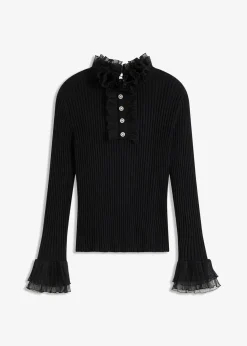 bonprix Nachhaltigere Materialien|Shirts & Tops^Feinstrick-Shirt mit Chiffon-Volants schwarz