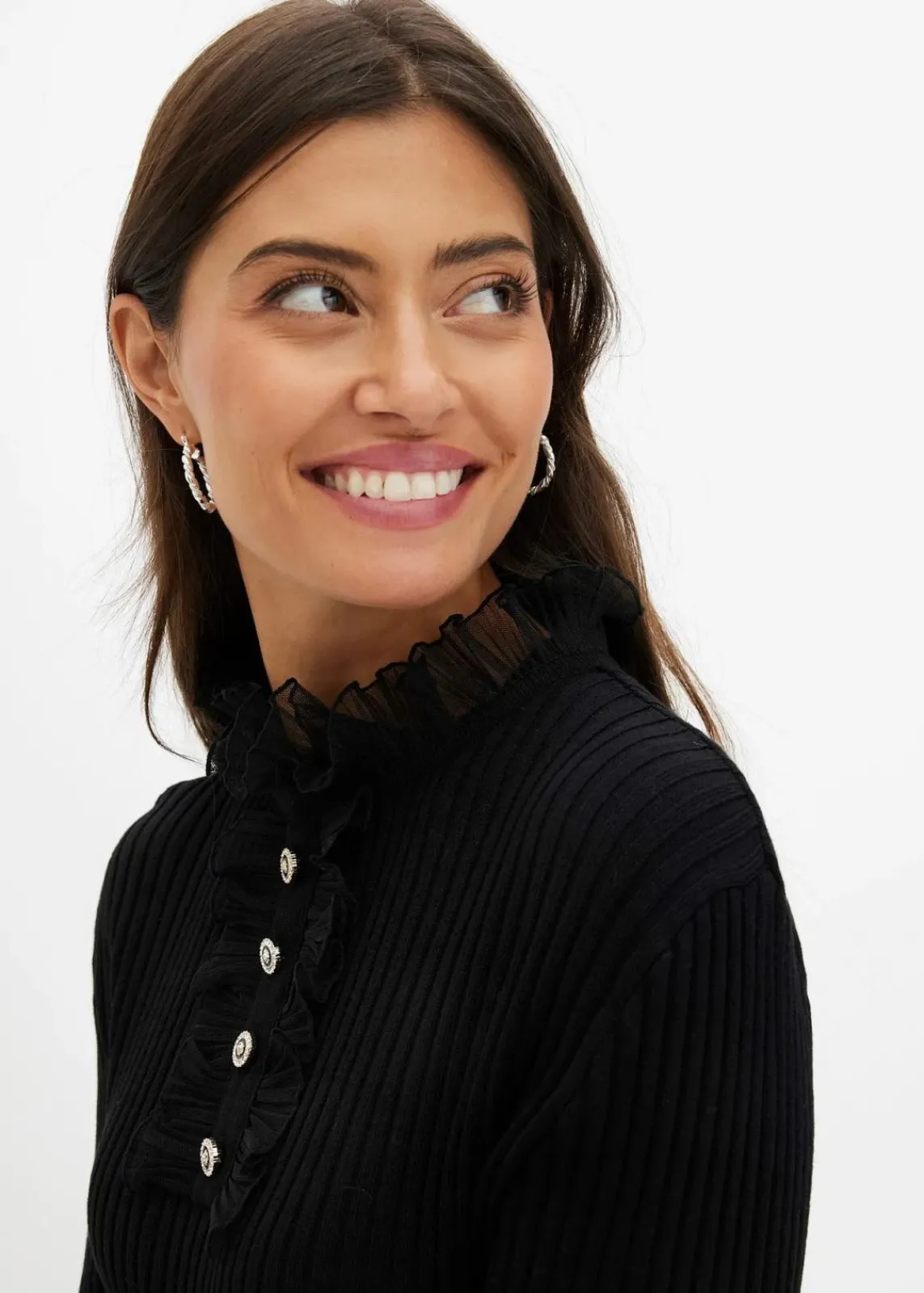 bonprix Nachhaltigere Materialien|Shirts & Tops^Feinstrick-Shirt mit Chiffon-Volants schwarz