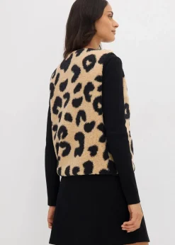 bonprix Bekleidung·Hosen|Bekleidung·Blusen & Tuniken^Fellimitat-Weste latte macchiato/schwarz leo bedruckt