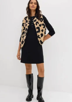 bonprix Bekleidung·Hosen|Bekleidung·Blusen & Tuniken^Fellimitat-Weste latte macchiato/schwarz leo bedruckt