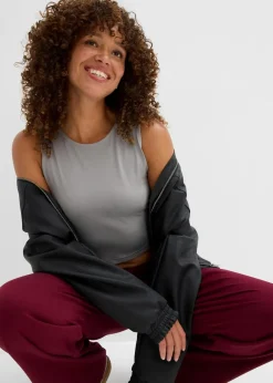 bonprix Shirts & Tops|Nachhaltigere Materialien^Figurbetontes Cropped Top, Doppelpack (2-tlg. Set) grau+ahornrot