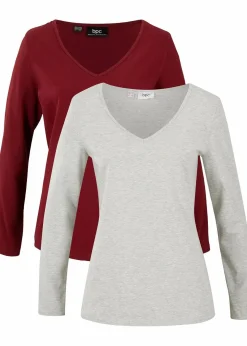 bonprix Shirts & Tops|Basics^Figurbetontes Langarmshirt (2er Pack) rubinrot+hellgrau meliert