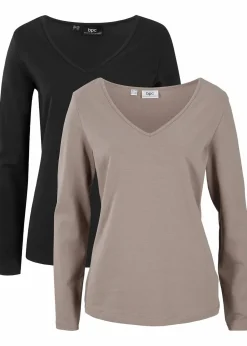 bonprix Bekleidung·Röcke|Basics^Figurbetontes Langarmshirt (2er Pack) taupe+schwarz