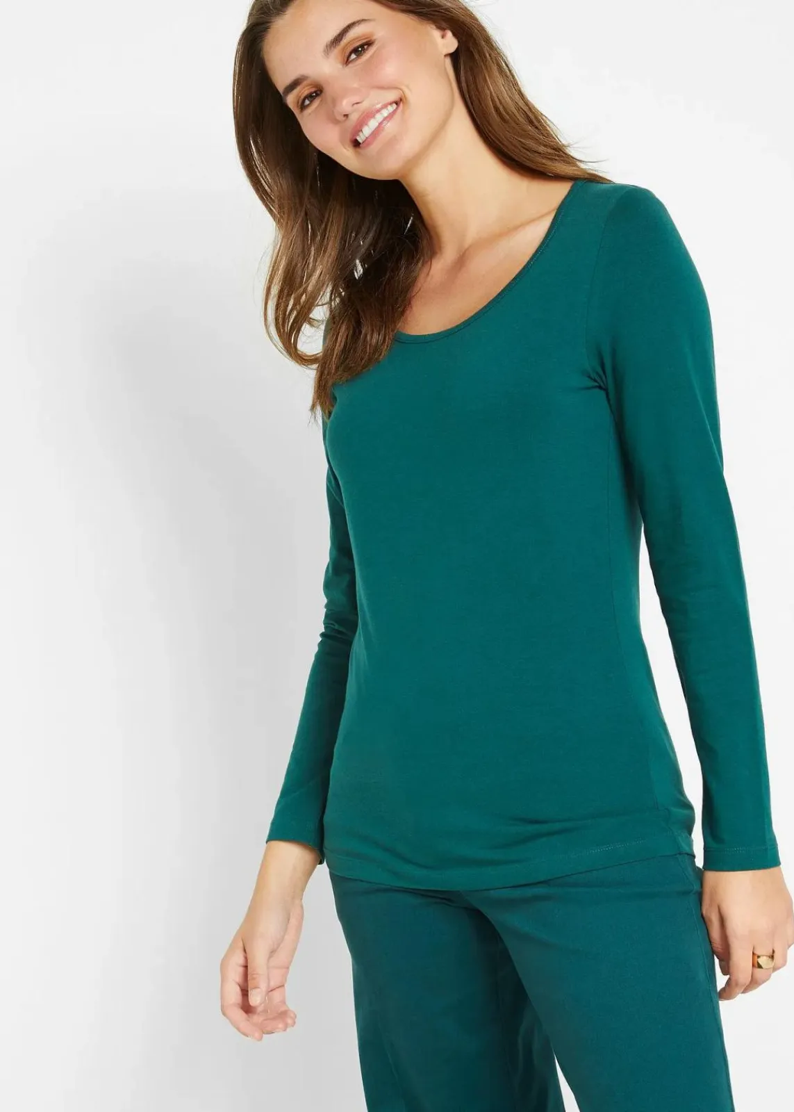bonprix Shirts & Tops|Basics^Figurbetontes Langarmshirt petrolgrün