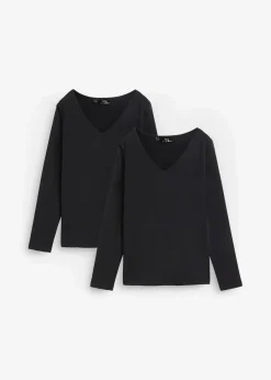 bonprix Shirts & Tops|Basics^Figurbetontes Langarmshirt (2er Pack) schwarz+schwarz