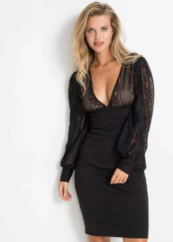 bonprix Bekleidung·Pullover & Strickjacken|Kleider^Figurbetontes Midikleid mit Spitze schwarz