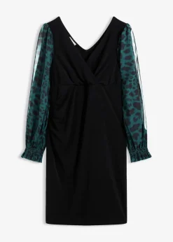 bonprix Bekleidung·Pullover & Strickjacken|Kleider^Figurbetontes Minikleid mit Cut-Outs an den Ärmeln schwarz/grün leo