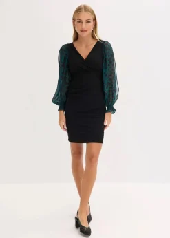 bonprix Bekleidung·Pullover & Strickjacken|Kleider^Figurbetontes Minikleid mit Cut-Outs an den Ärmeln schwarz/grün leo