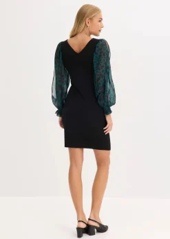 bonprix Bekleidung·Pullover & Strickjacken|Kleider^Figurbetontes Minikleid mit Cut-Outs an den Ärmeln schwarz/grün leo