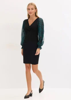 bonprix Bekleidung·Pullover & Strickjacken|Kleider^Figurbetontes Minikleid mit Cut-Outs an den Ärmeln schwarz/grün leo