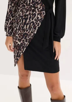 bonprix Bekleidung·Pullover & Strickjacken|Kleider^Figurbetontes Minikleid mit tiefem Ausschnitt schwarz/grün leo