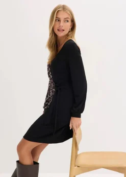 bonprix Bekleidung·Pullover & Strickjacken|Kleider^Figurbetontes Minikleid mit tiefem Ausschnitt schwarz/grün leo