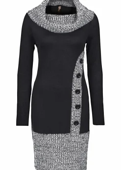 bonprix Strickmode|Kleider^Figurbetontes Strickkleid mit Schalkragen schwarz meliert