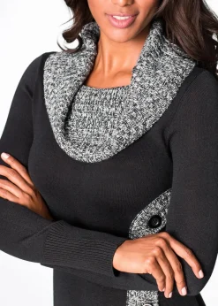 bonprix Strickmode|Kleider^Figurbetontes Strickkleid mit Schalkragen schwarz meliert