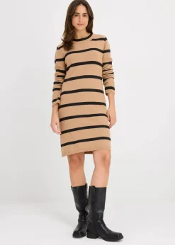 bonprix Bekleidung·Umstandsmode|Strickmode^Figurbetontes Strickkleid camel/schwarz gestreift