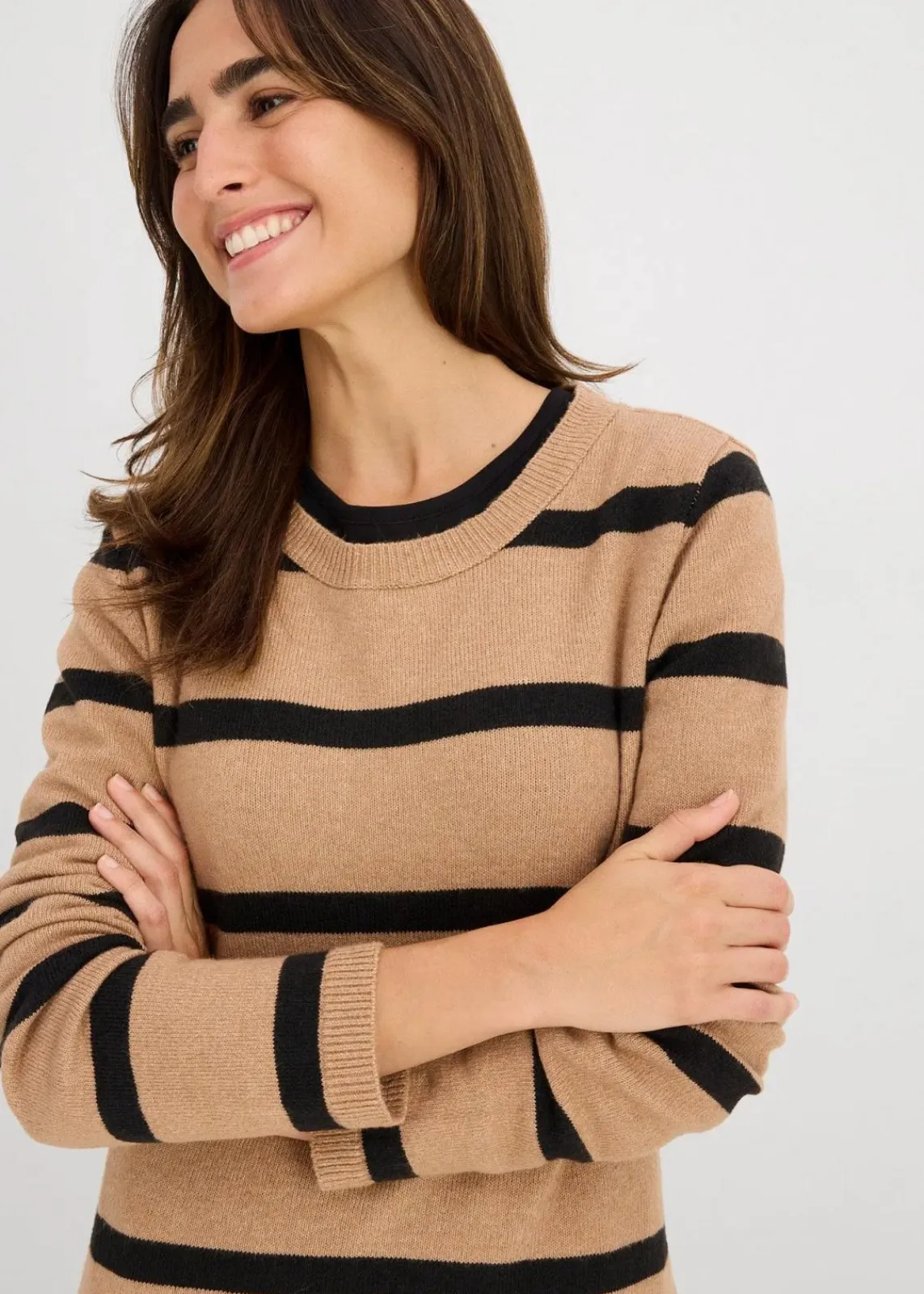 bonprix Bekleidung·Umstandsmode|Strickmode^Figurbetontes Strickkleid camel/schwarz gestreift