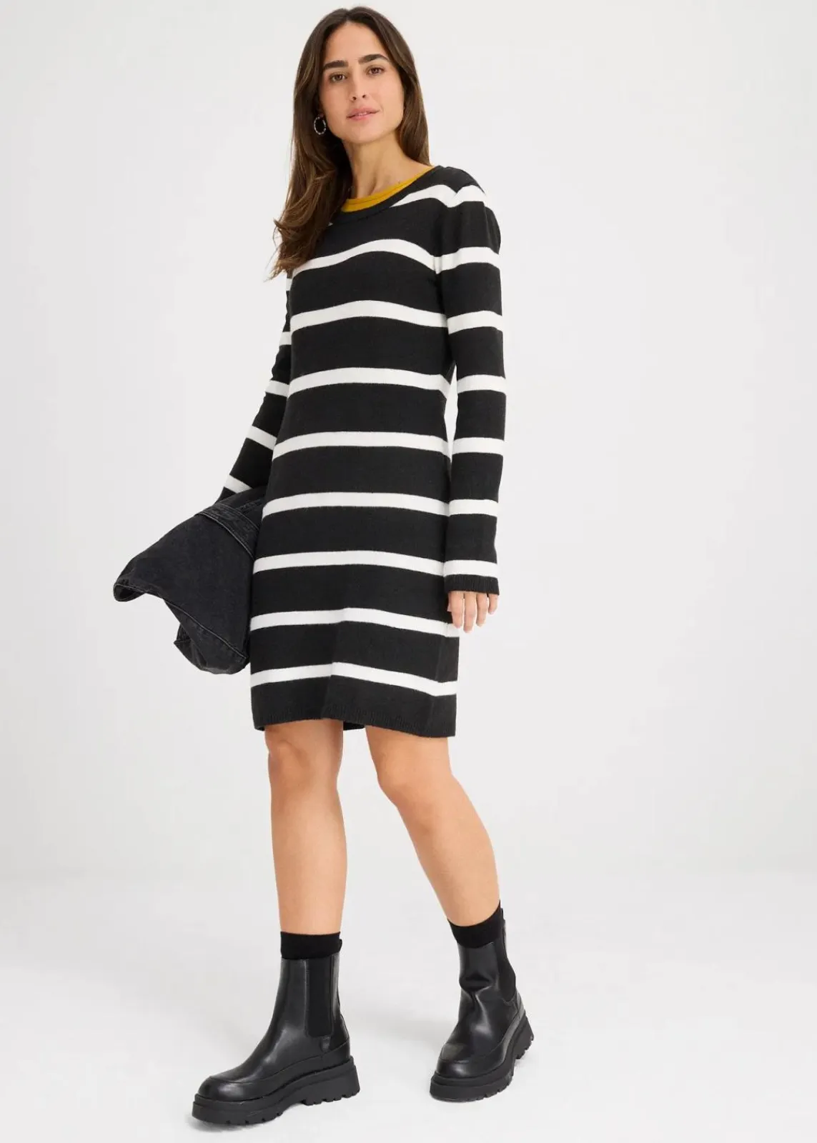 bonprix Bekleidung·Umstandsmode|Strickmode^Figurbetontes Strickkleid schwarz/wollweiß gestreift