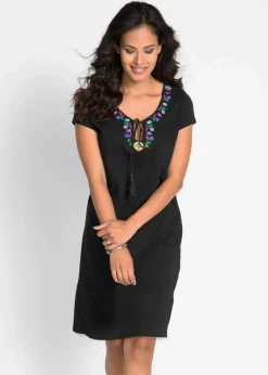 bonprix Bekleidung·Pullover & Strickjacken|Kleider^Flammgarn-Jerseykleid aus reiner Baumwolle schwarz geblümt