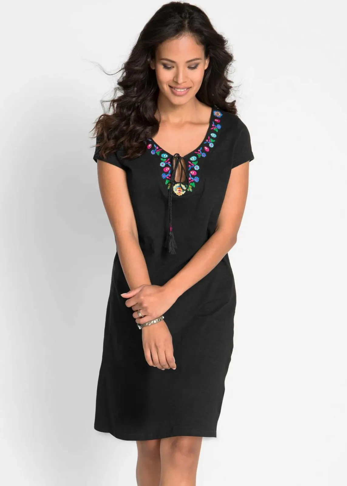 bonprix Bekleidung·Pullover & Strickjacken|Kleider^Flammgarn-Jerseykleid aus reiner Baumwolle schwarz geblümt