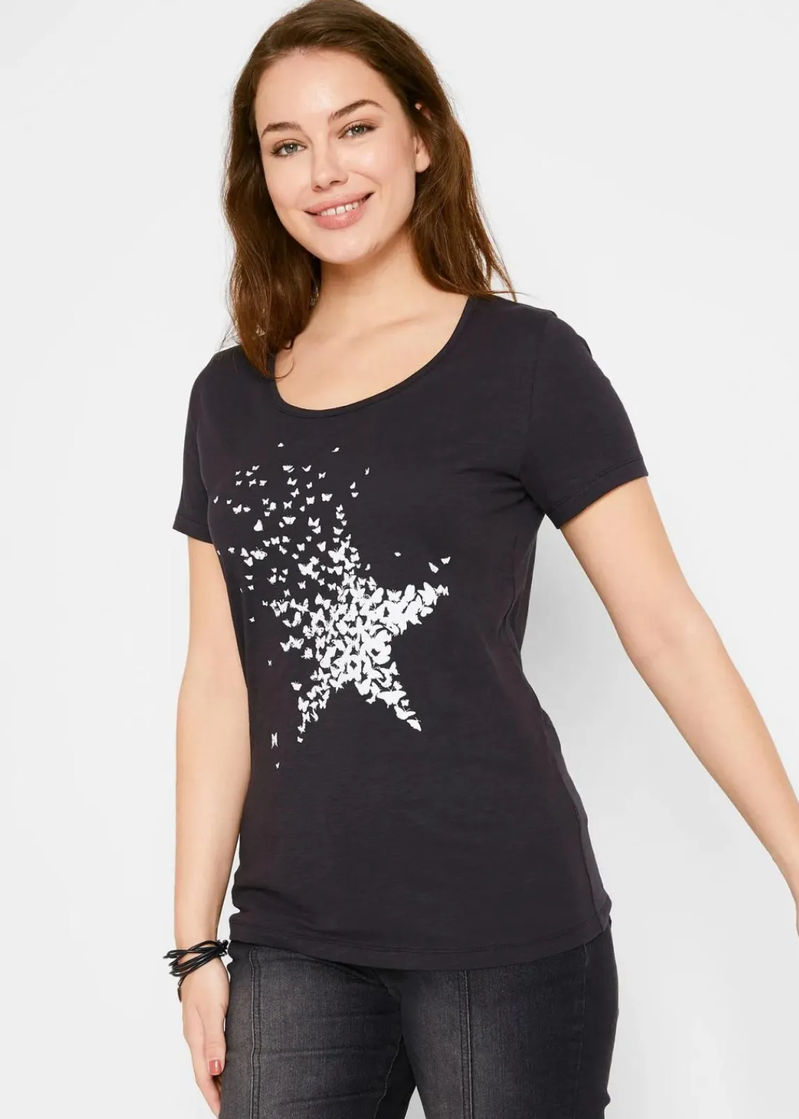 bonprix Nachhaltigere Materialien|Shirts & Tops^Flammgarn-Shirt aus Bio-Baumwolle, kurzarm schwarz bedruckt
