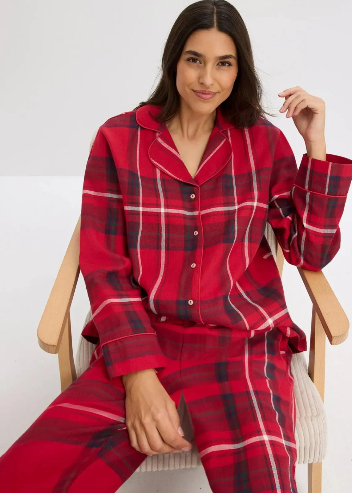 bonprix Wäsche·Nachtwäsche|Nachtwäsche^Flanell Pyjama aus weicher Baumwolle mit Geschenktasche dunkelrot kariert