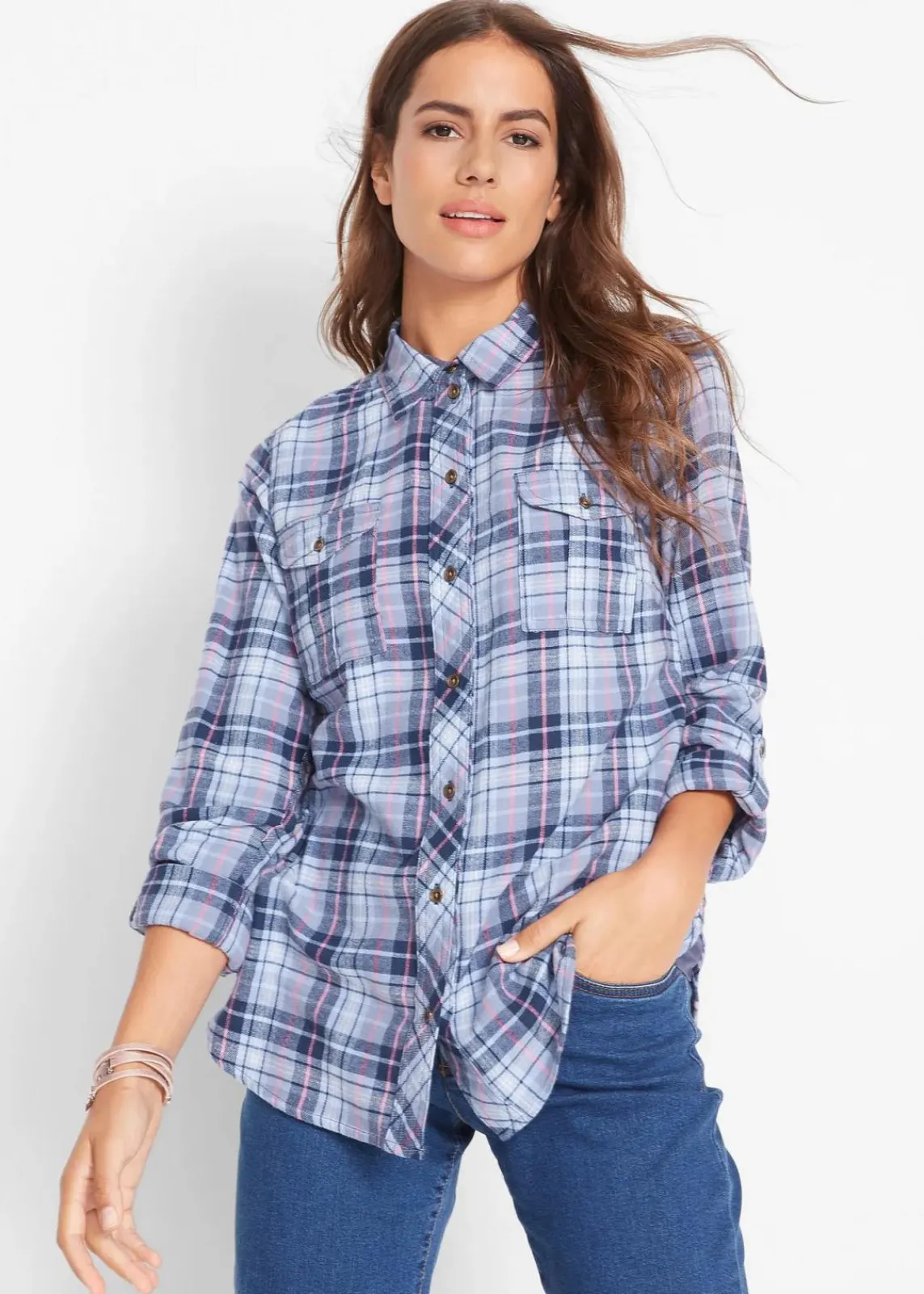 bonprix Bekleidung·Jacken & Mäntel|Blusen & Tuniken^Flanellhemd blau/rosa kariert