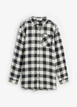 bonprix Bekleidung·Jacken & Mäntel|Blusen & Tuniken^Flanell-Longbluse aus reiner Baumwolle wollweiß/schwarz kariert