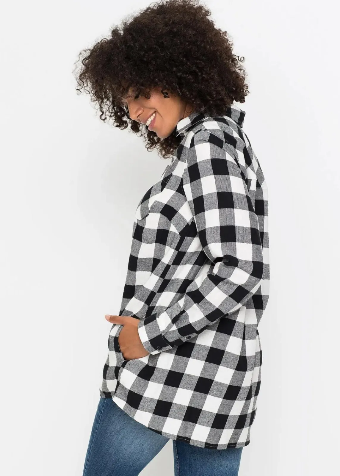 bonprix Bekleidung·Jacken & Mäntel|Blusen & Tuniken^Flanell-Longbluse aus reiner Baumwolle wollweiß/schwarz kariert