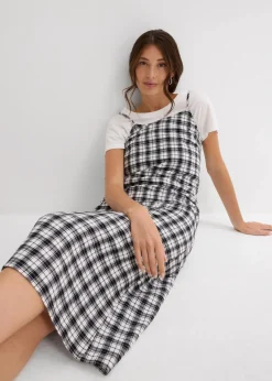 bonprix Kleider^Flanell-Trägerkleid aus reiner Baumwolle schwarz/wollweiß/grau kariert