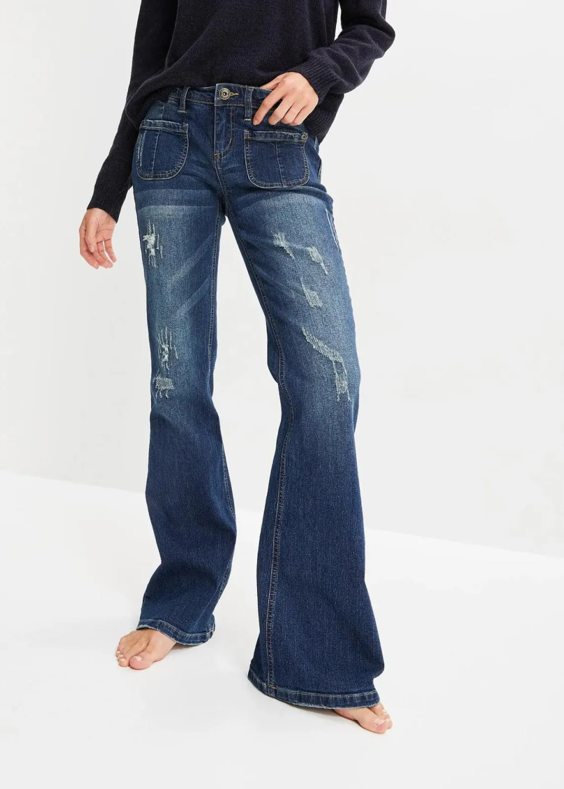 bonprix Bekleidung·Shirts & Tops|Jeans^Flared Jeans Low Waist, Stretch nachtblau denim