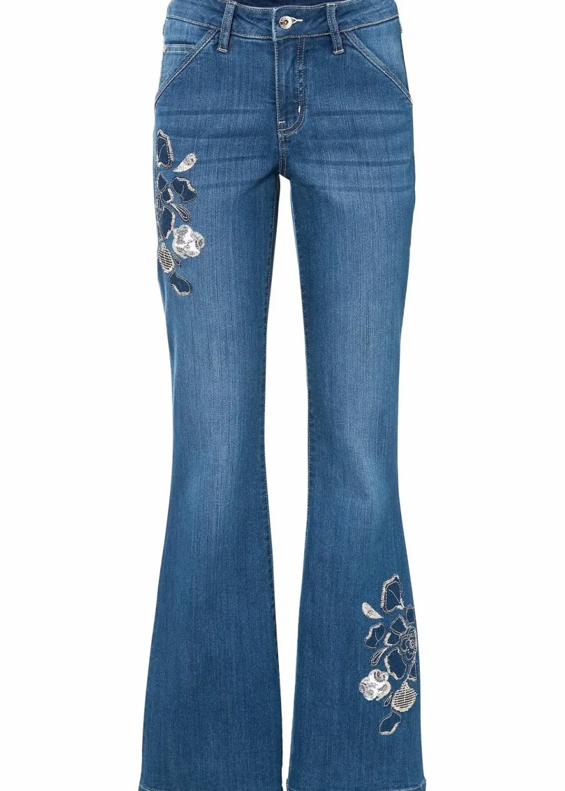 bonprix Bekleidung·Shirts & Tops|Jeans^Flared Jeans Mid Waist, Stretch blau denim geblümt