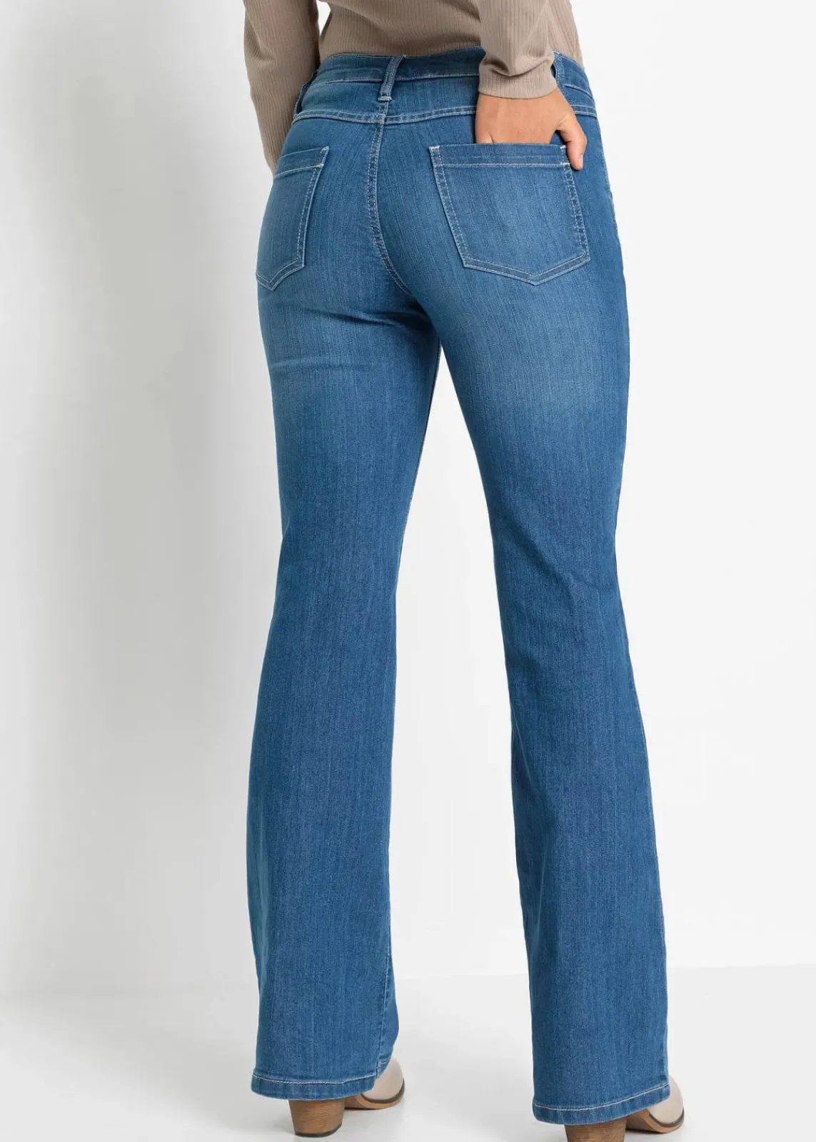 bonprix Bekleidung·Shirts & Tops|Jeans^Flared Jeans Mid Waist, Stretch blau denim geblümt