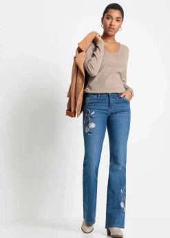 bonprix Bekleidung·Shirts & Tops|Jeans^Flared Jeans Mid Waist, Stretch blau denim geblümt