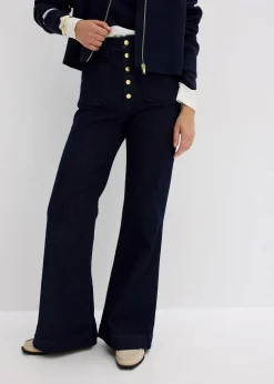 bonprix Bekleidung·Shirts & Tops|Jeans^Flared-Jeans High Waist tiefblau denim ungewaschen